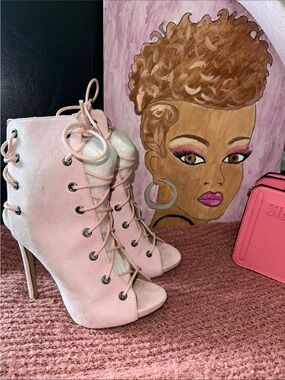 AKIRA Blush Pink Lace-Up Peep Toe Stiletto Booties